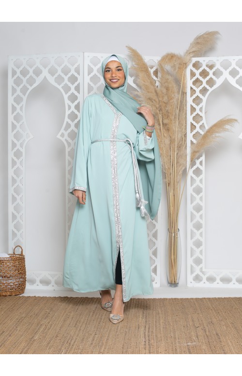 Robe caftan vert eau et argent. Boutique musulmane moderne.