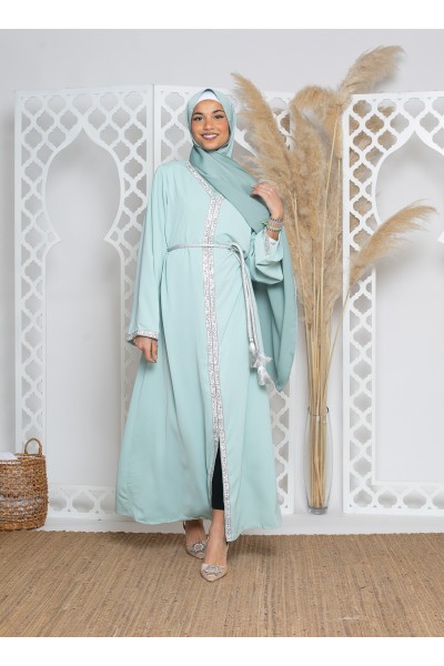 Robe caftan vert eau et argent. Boutique musulmane moderne.
