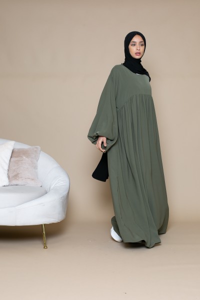 Abaya caqui ultra holgada con mangas abullonadas
