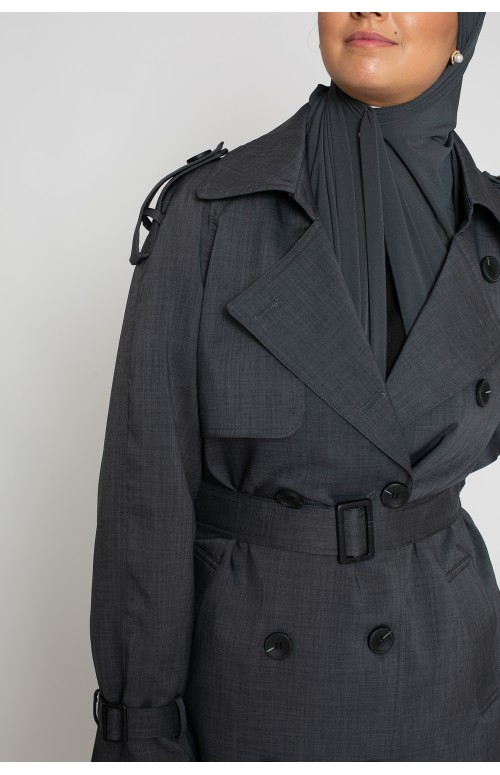 Trench long chic et classe gris foncé pour femme musulmane