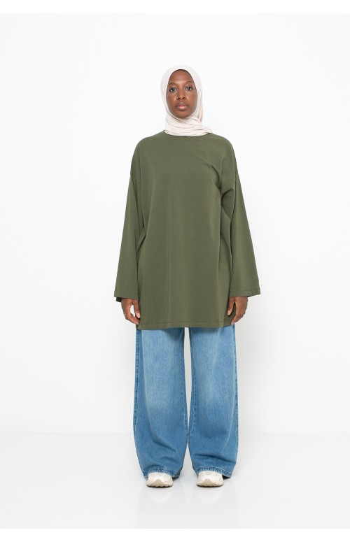 Maxi t-shirt long et large kaki pour femme musulmane