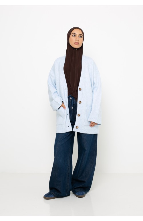 Cardigan femme bleu clair moderne. Boutique hijab
