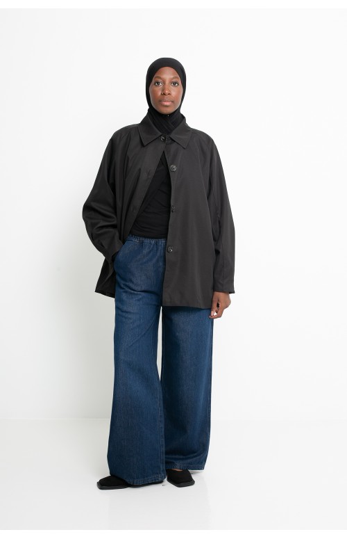 Veste trench minimaliste noir pour femme musulmane