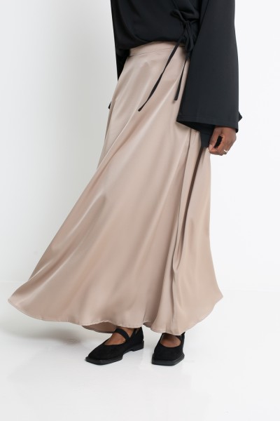Beige flared satin skirt