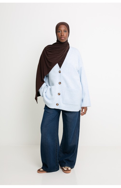 Cardigan femme bleu clair moderne. Boutique hijab